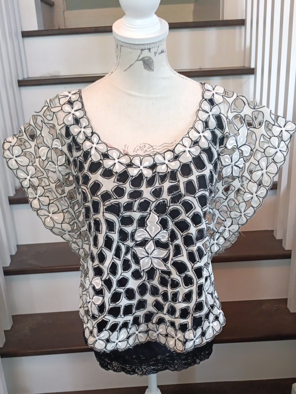 " Vintage Unique white & black Floral Cutout Overlay Top